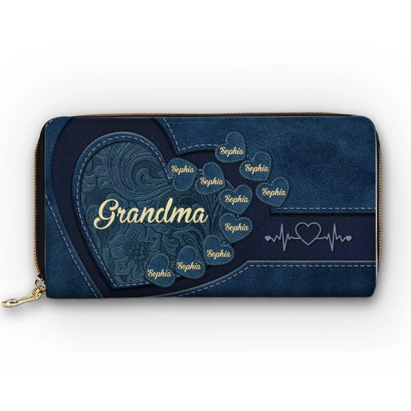 Hold My Hand, Hold My Heart - Family Personalized Custom Leather Long Wallet - Mother's Day, Gift For Mom, Grandma