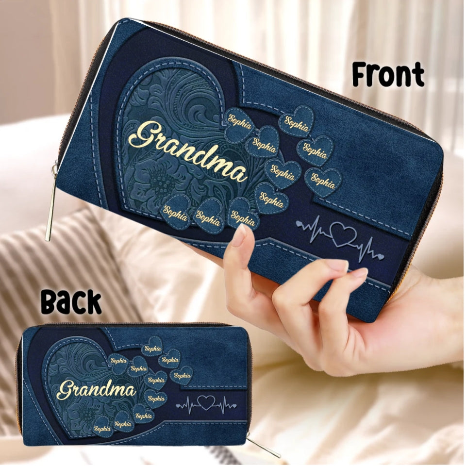 Hold My Hand, Hold My Heart - Family Personalized Custom Leather Long Wallet - Mother's Day, Gift For Mom, Grandma