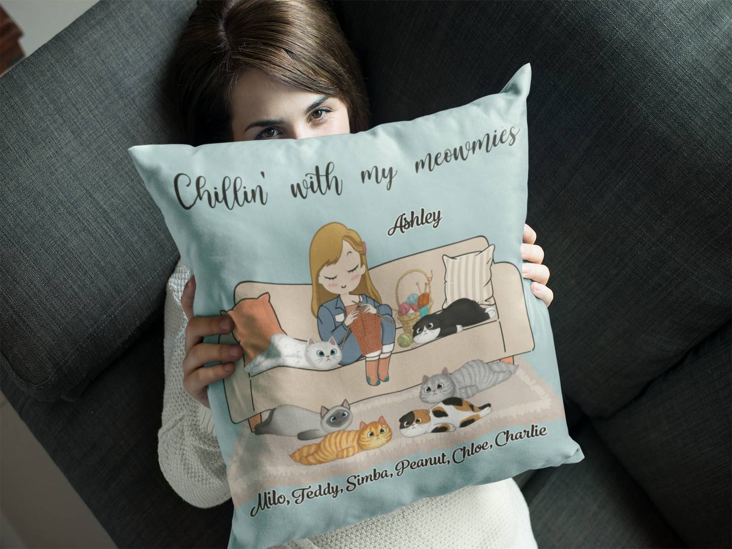 Personalized "Girl Knitting with Lazy Cat" Pillow – A Cozy Gift for Cat Lovers & Crafters 🧶🐱