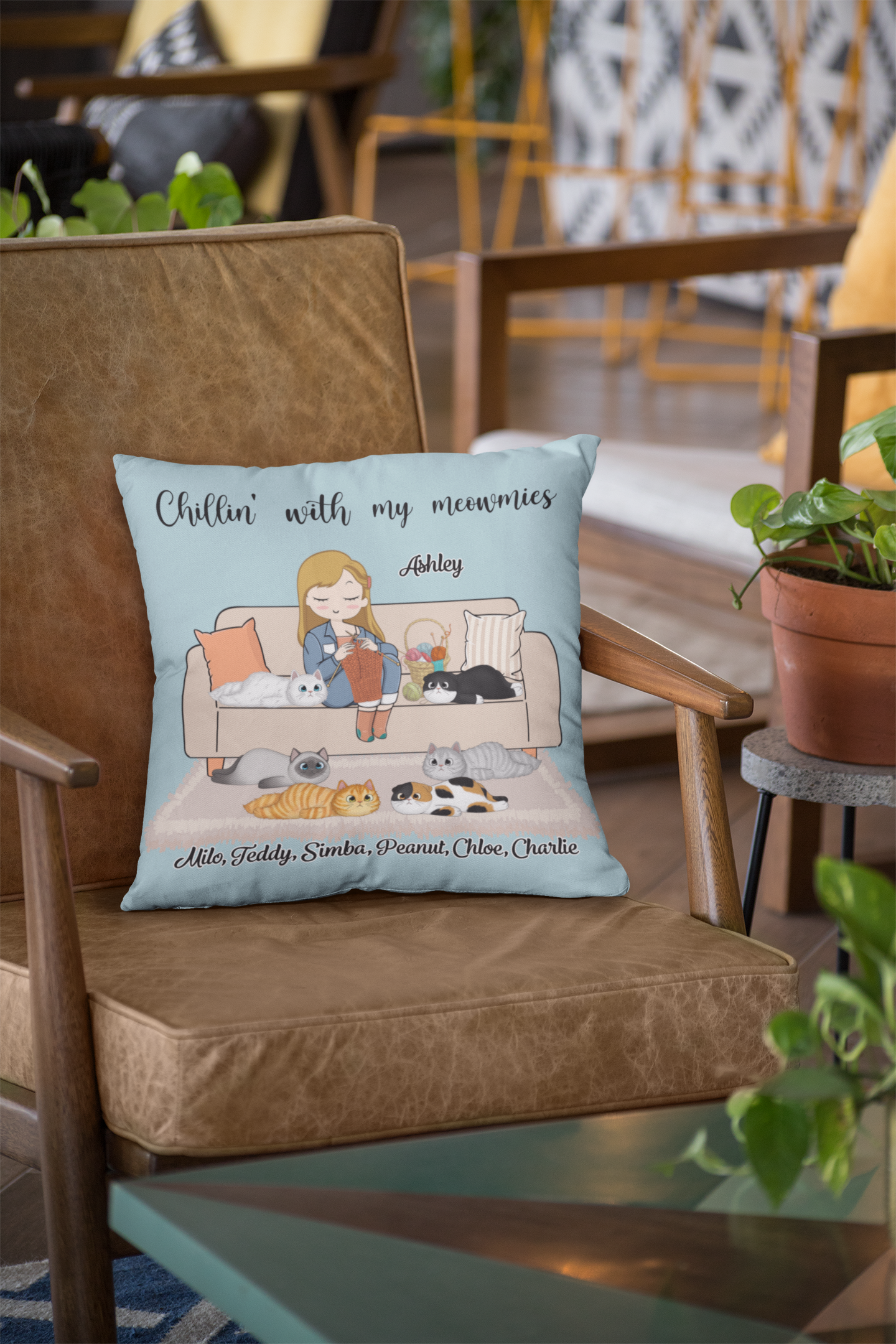 Personalized "Girl Knitting with Lazy Cat" Pillow – A Cozy Gift for Cat Lovers & Crafters 🧶🐱
