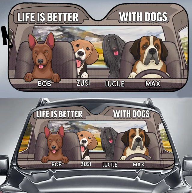 Custom Personalized Dog Car Sunshade - Upto 4 Dogs - Gift Idea For Dog Lover - Life Is Better With Dogs