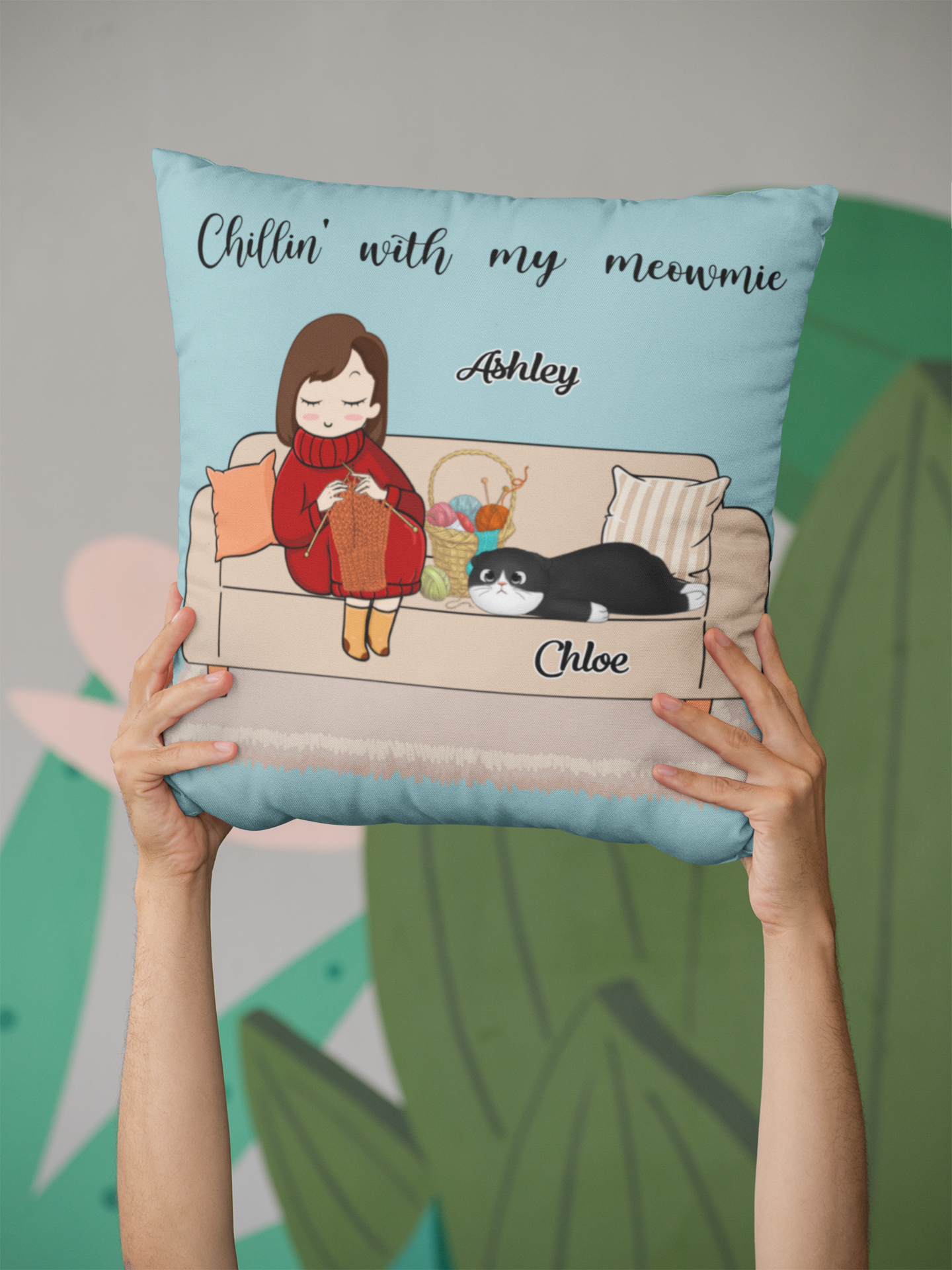 Personalized "Girl Knitting with Lazy Cat" Pillow – A Cozy Gift for Cat Lovers & Crafters 🧶🐱