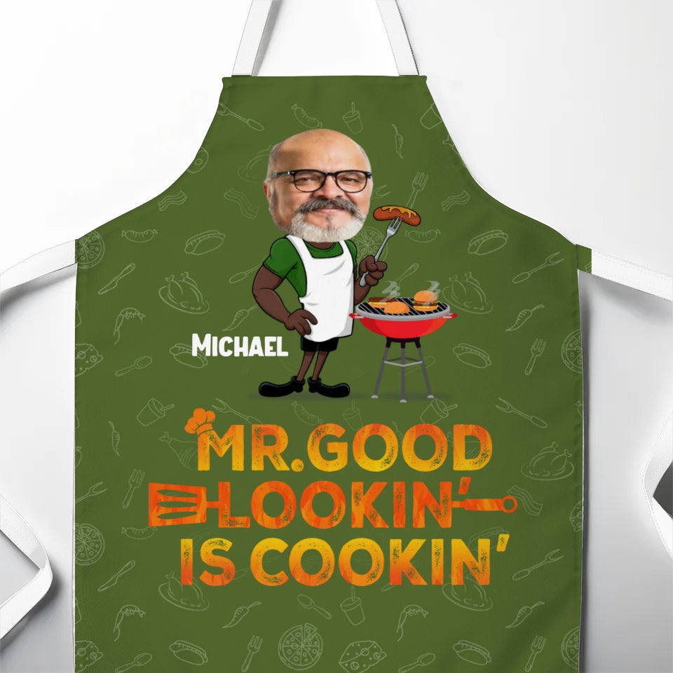 Personalized "Mr. Good Looking Is Cooking" Apron with Custom Photo – A Fun Gift for Dad or Grandpa