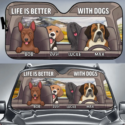 Custom Personalized Dog Car Sunshade - Upto 4 Dogs - Gift Idea For Dog Lover - Life Is Better With Dogs
