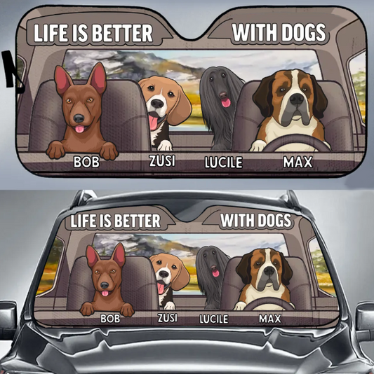 Custom Personalized Dog Car Sunshade - Upto 4 Dogs - Gift Idea For Dog Lover - Life Is Better With Dogs