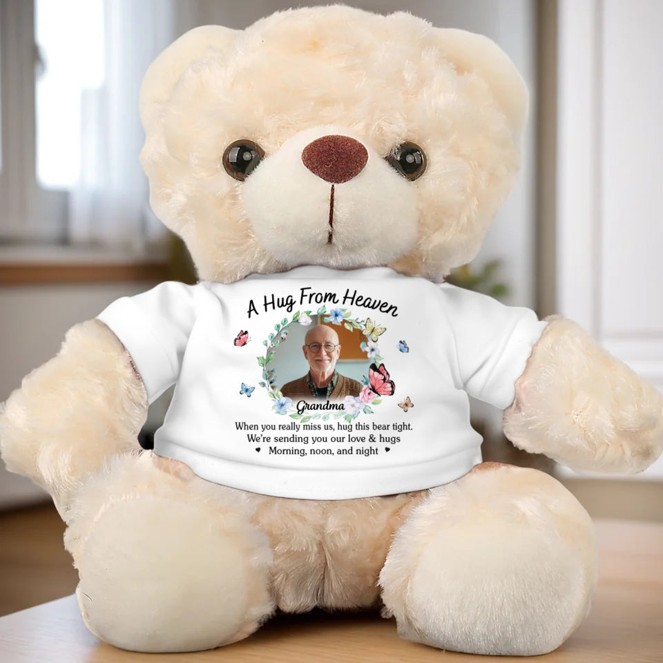 Custom Photo Sending Hugs From Above - Memorial Personalized Custom Teddy Bear Plush - Sympathy Gift For Family Members