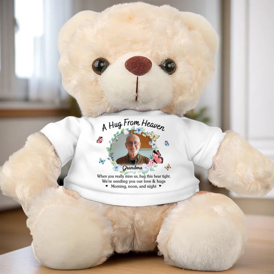 Custom Photo Sending Hugs From Above - Memorial Personalized Custom Teddy Bear Plush - Sympathy Gift For Family Members